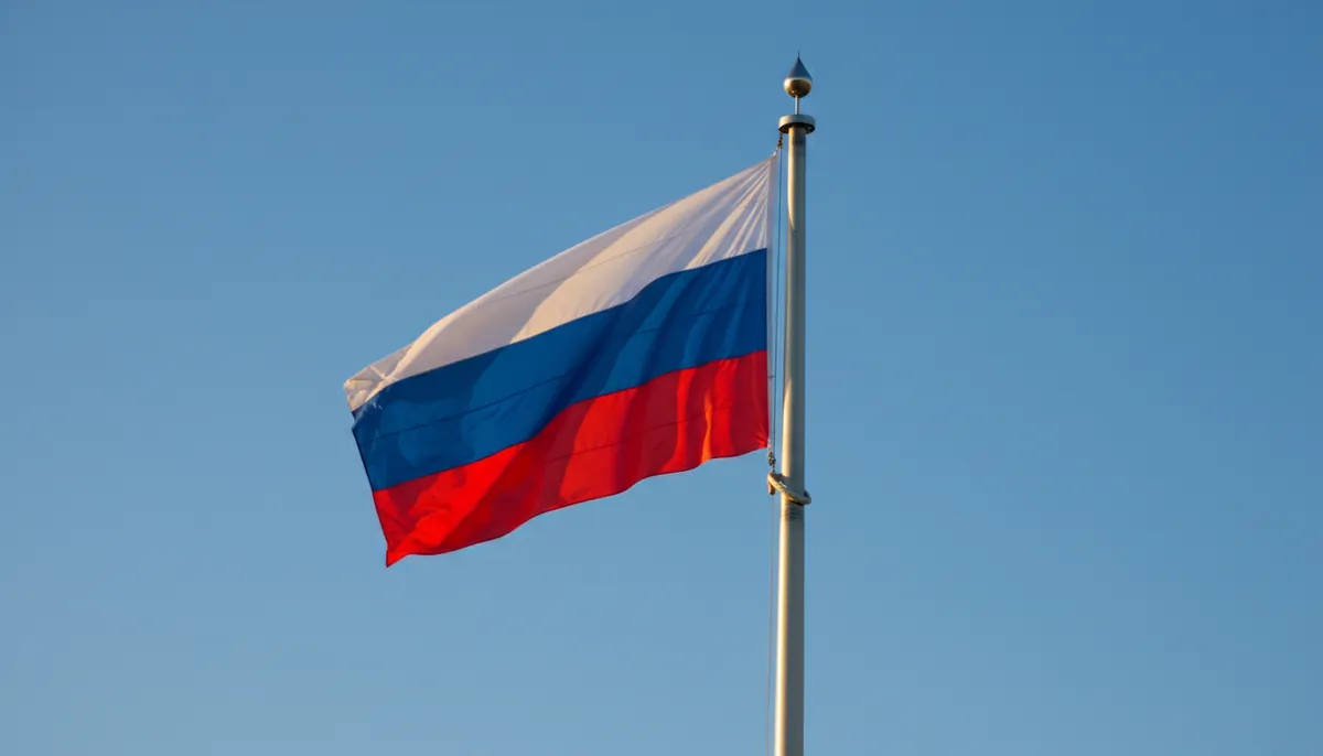 Российский триколор на высоком уличном флагштоке на фоне ясного неба