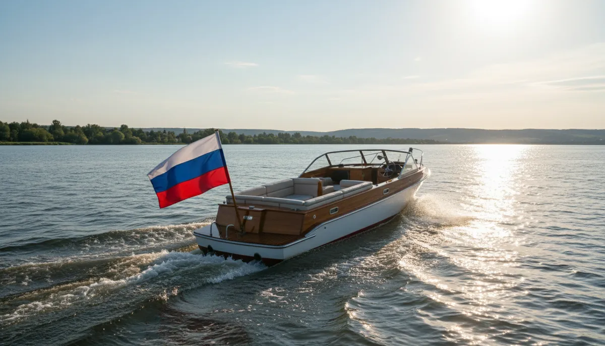 Катер на воде с российским триколором на кормовом флагштоке