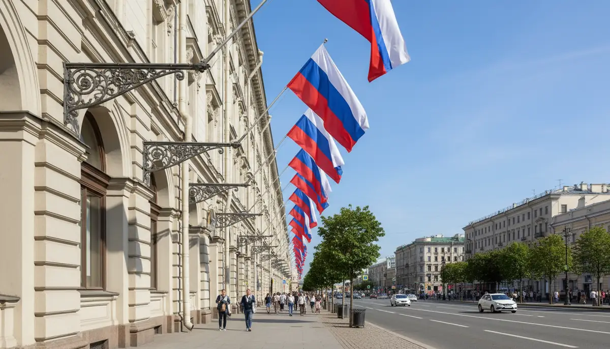 Российские флаги на кронштейнах вдоль фасада городского здания к празднику