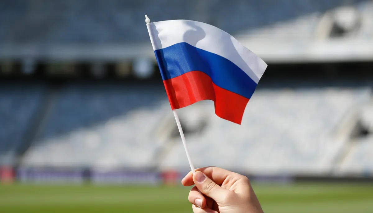 Рука держит небольшой триколор на тонком древке, ткань развевается на ветру