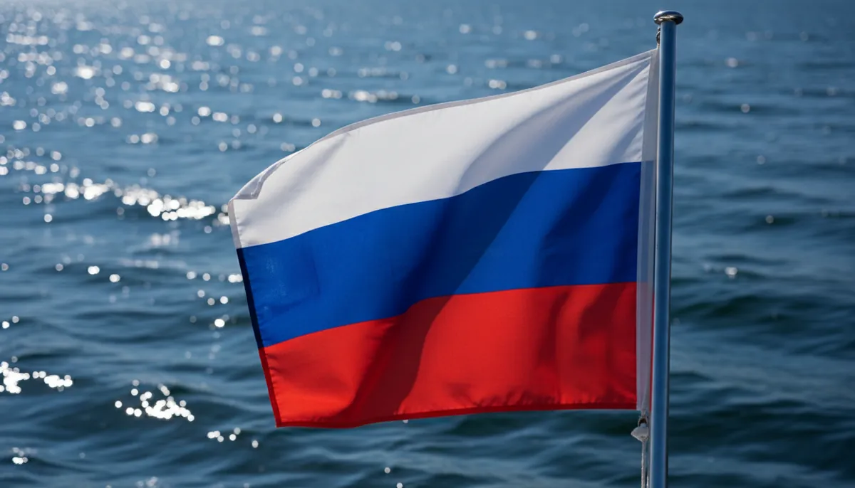 Флаг России на кормовом флагштоке моторной лодки, вода и блики солнца сзади